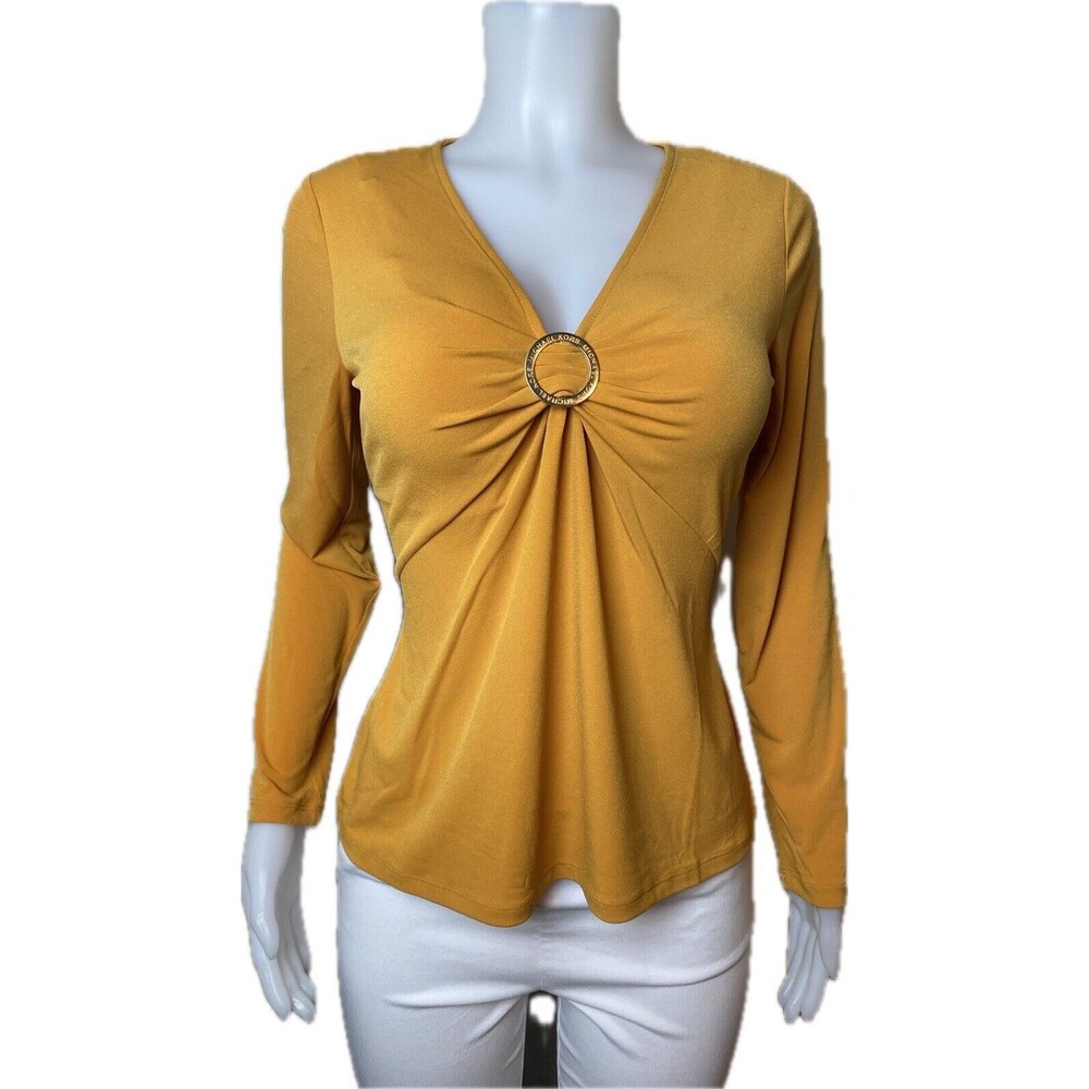 F. Michael Kors Blouse Size M Yellow Top Long Sleeve V Neck NWT $110